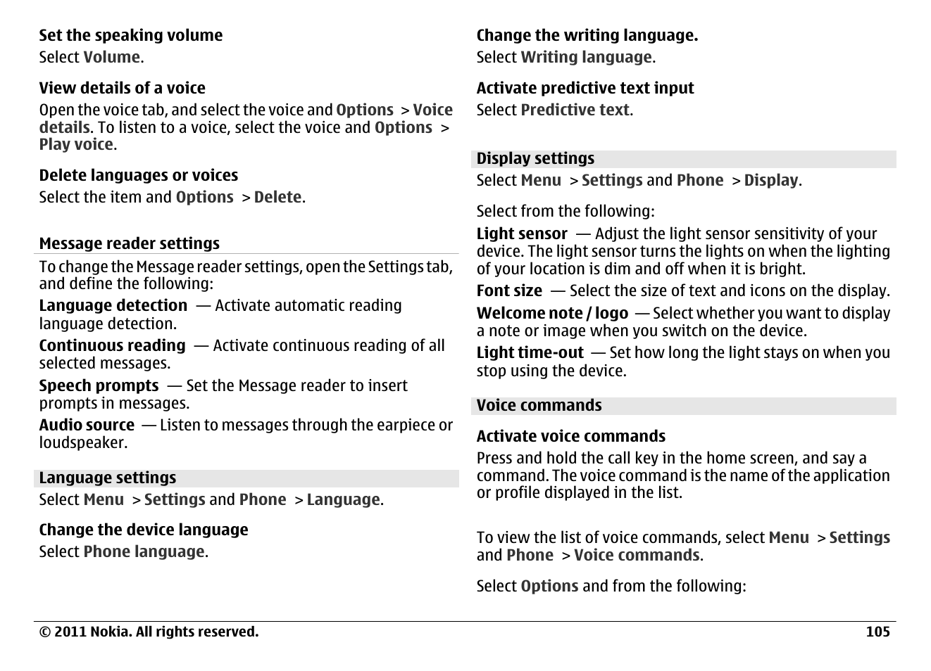 Language settings, Display settings, Voice commands | Nokia N97 User Manual | Page 105 / 130