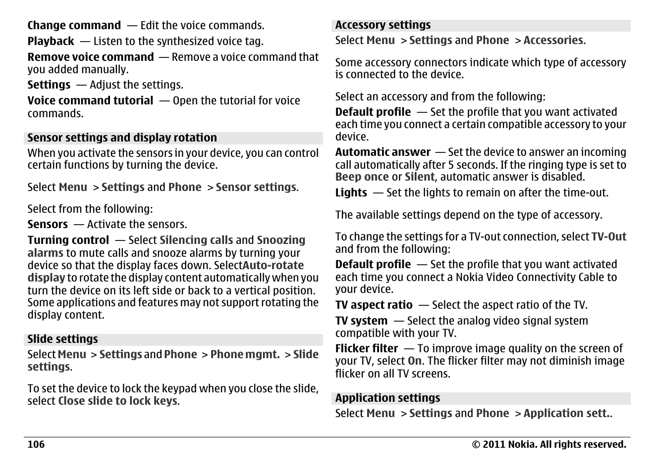 Sensor settings and display rotation, Slide settings, Accessory settings | Application settings | Nokia N97 User Manual | Page 106 / 130