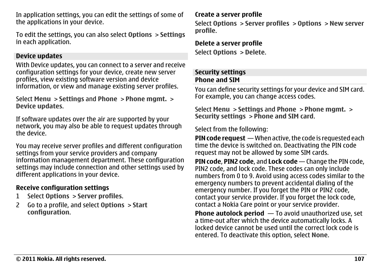 Device updates, Security settings, Phone and sim | Nokia N97 User Manual | Page 107 / 130