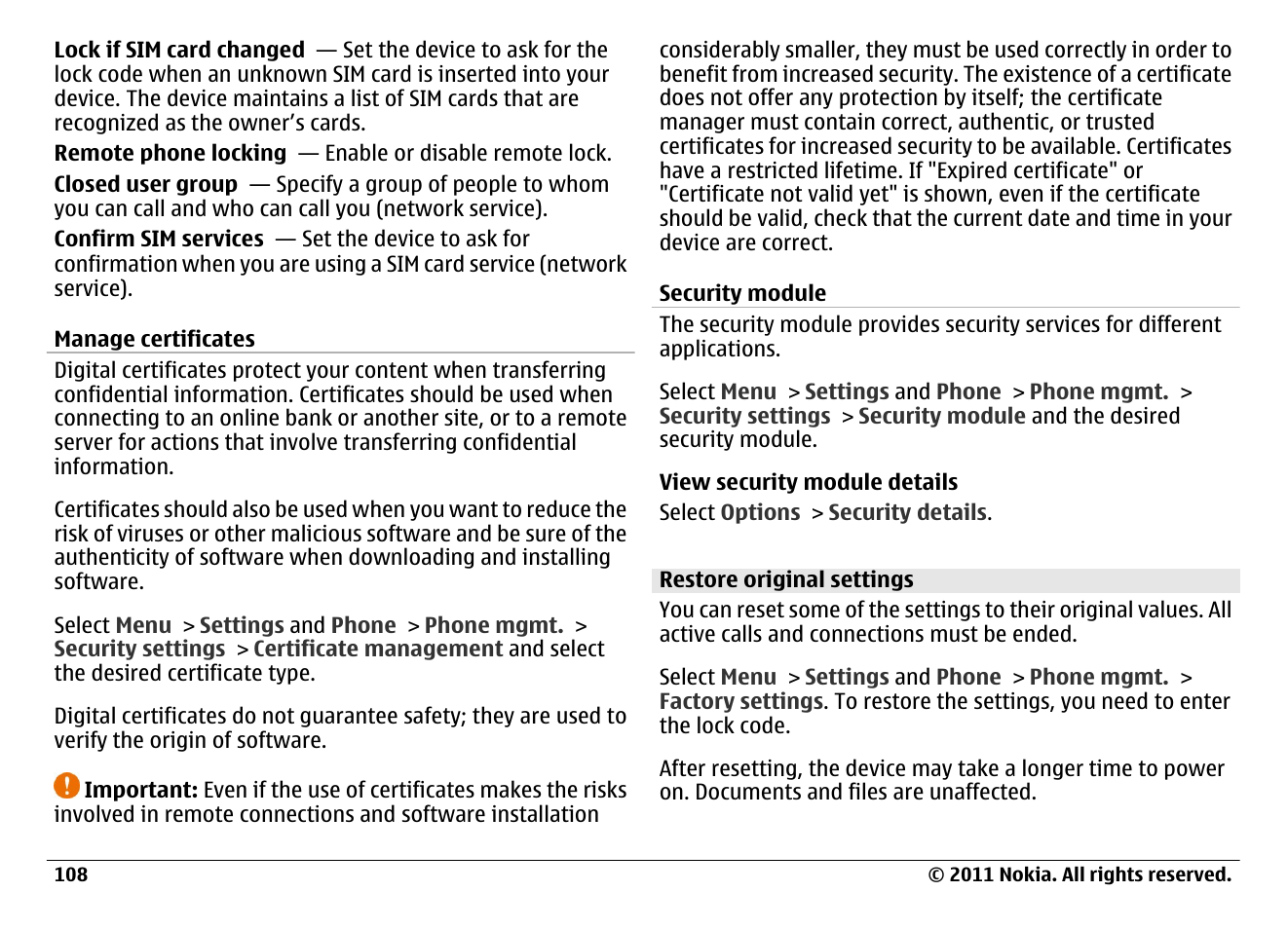 Manage certificates, Security module, Restore original settings | Nokia N97 User Manual | Page 108 / 130