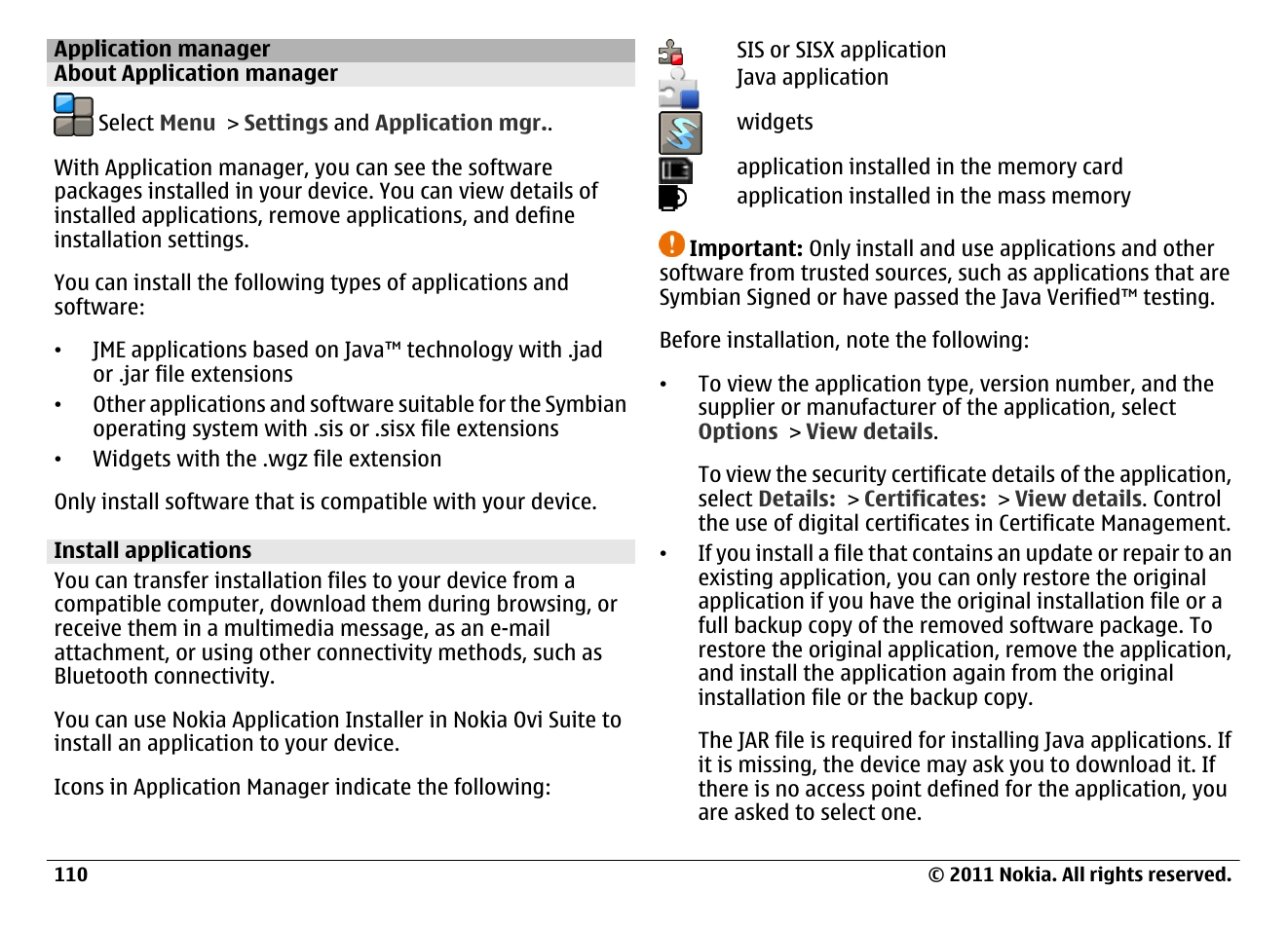 Application manager, About application manager, Install applications | Nokia N97 User Manual | Page 110 / 130