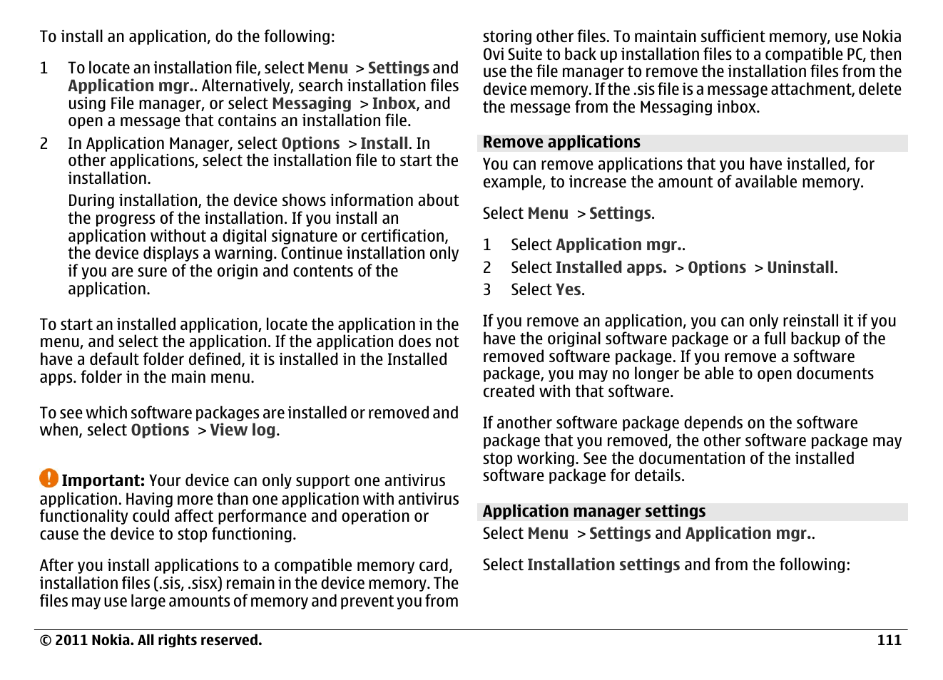 Remove applications, Application manager settings | Nokia N97 User Manual | Page 111 / 130