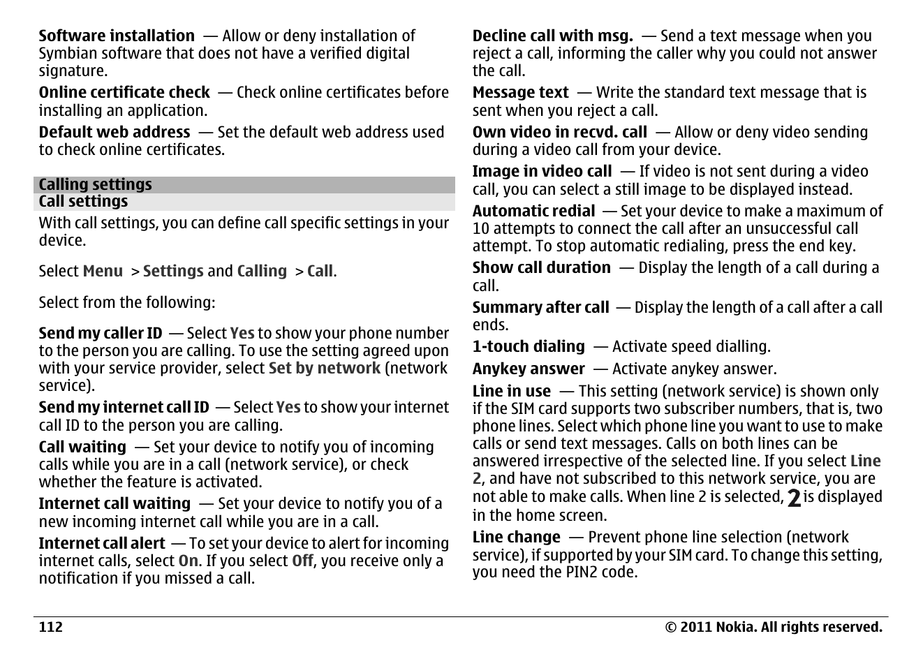 Calling settings, Call settings | Nokia N97 User Manual | Page 112 / 130