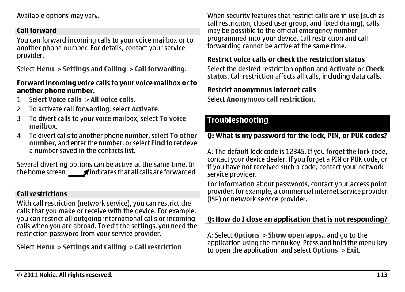 Call forward, Call restrictions, Troubleshooting | Nokia N97 User Manual | Page 113 / 130