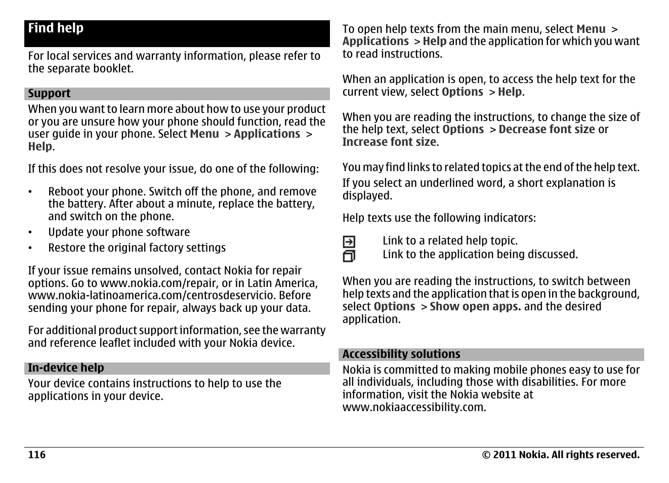 Find help, Support, In-device help | Accessibility solutions | Nokia N97 User Manual | Page 116 / 130