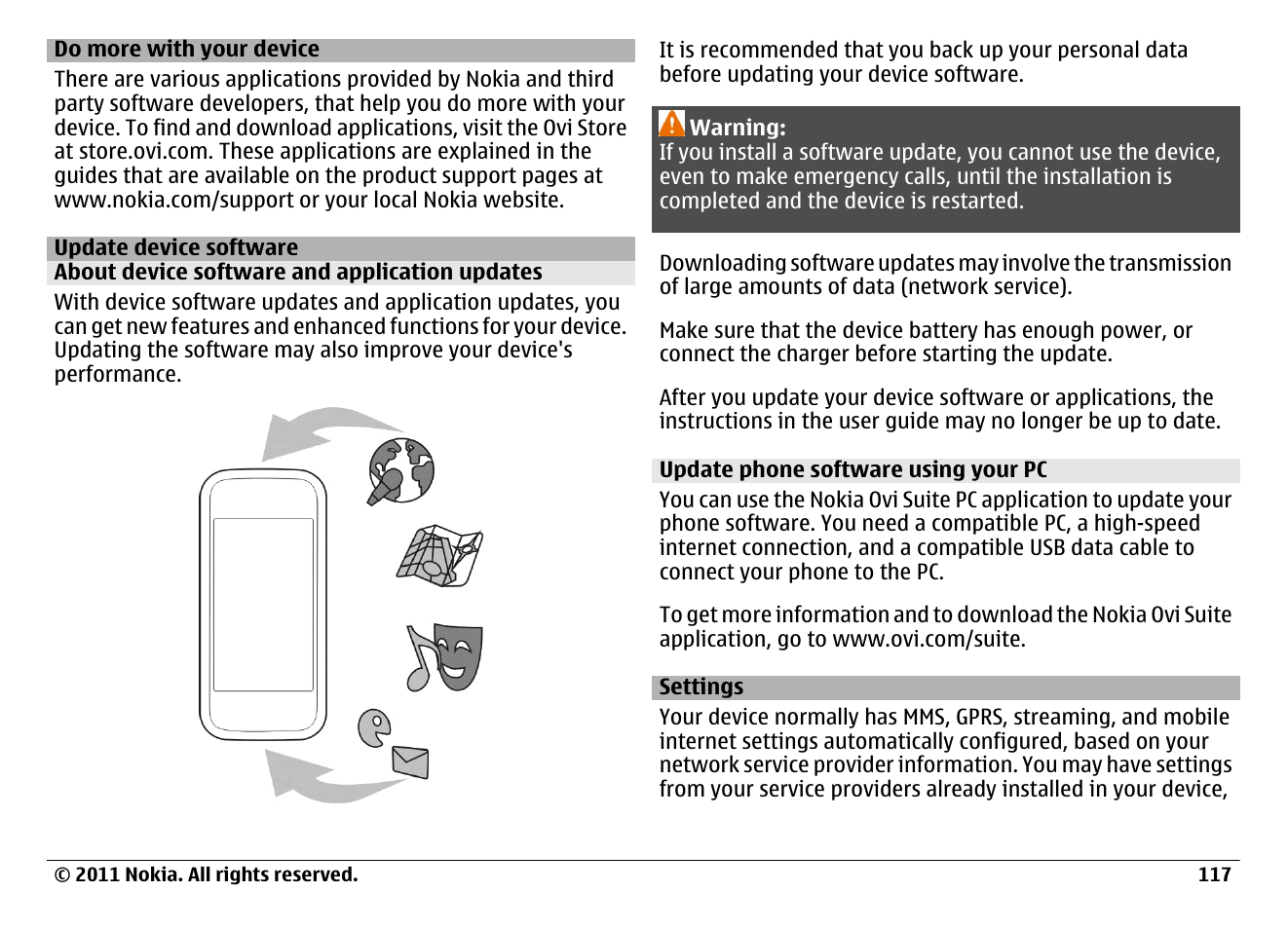 Do more with your device, Update device software, About device software and application updates | Update phone software using your pc, Settings | Nokia N97 User Manual | Page 117 / 130