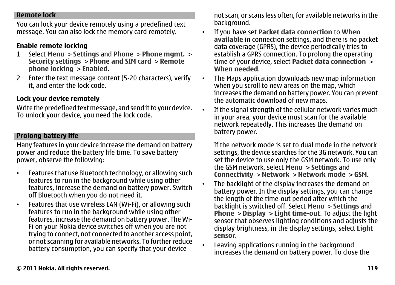 Remote lock, Prolong battery life | Nokia N97 User Manual | Page 119 / 130