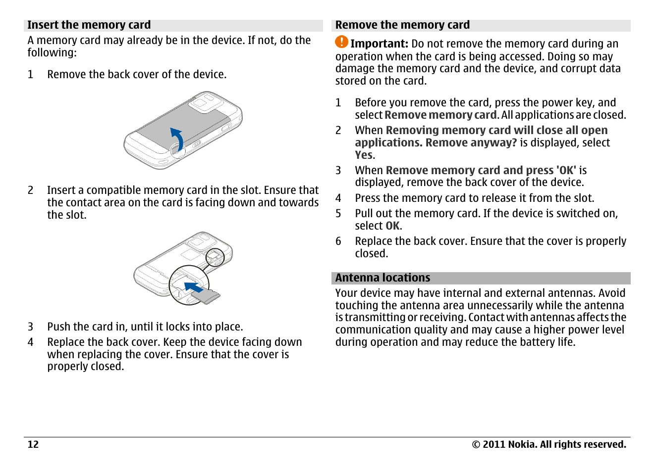 Insert the memory card, Remove the memory card, Antenna locations | Nokia N97 User Manual | Page 12 / 130