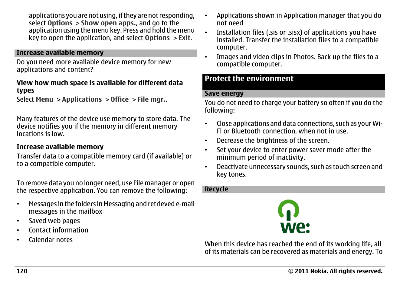 Increase available memory, Protect the environment, Save energy | Recycle | Nokia N97 User Manual | Page 120 / 130