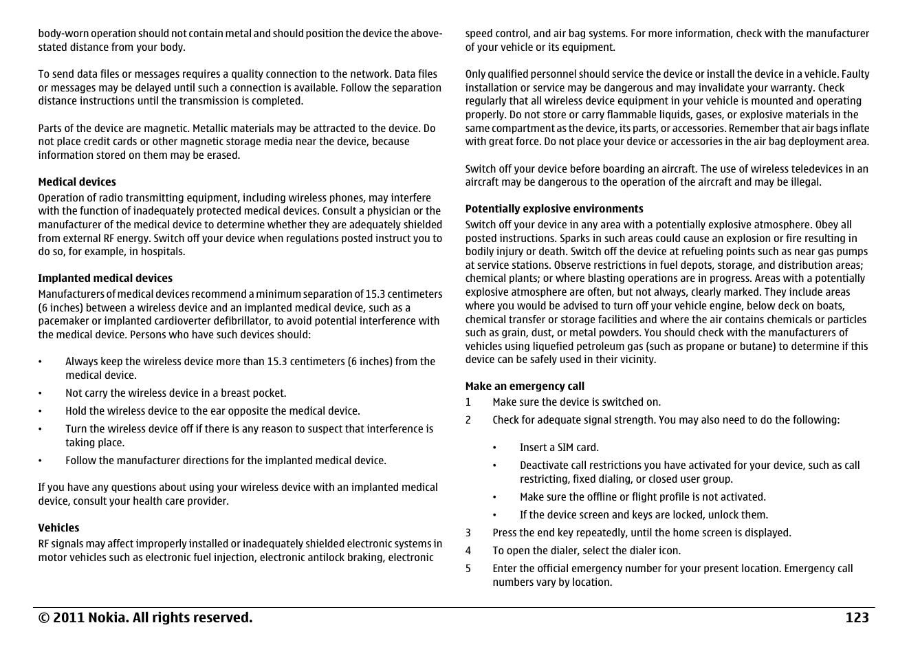 Medical devices, Implanted medical devices, Vehicles | Potentially explosive environments, Make an emergency call | Nokia N97 User Manual | Page 123 / 130