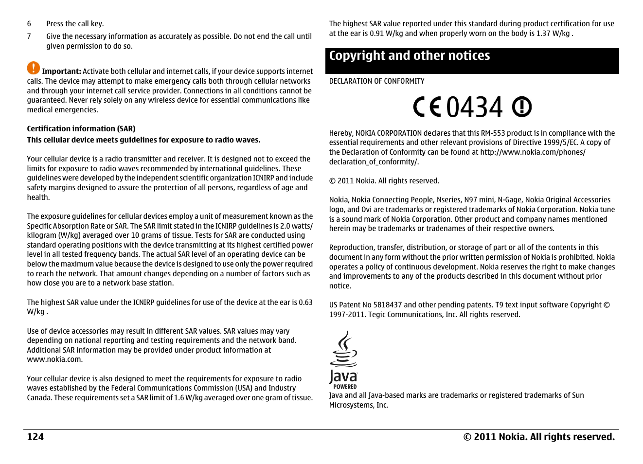 Certification information (sar), Copyright and other notices | Nokia N97 User Manual | Page 124 / 130