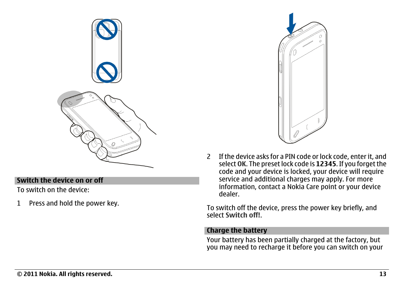 Switch the device on or off, Charge the battery | Nokia N97 User Manual | Page 13 / 130