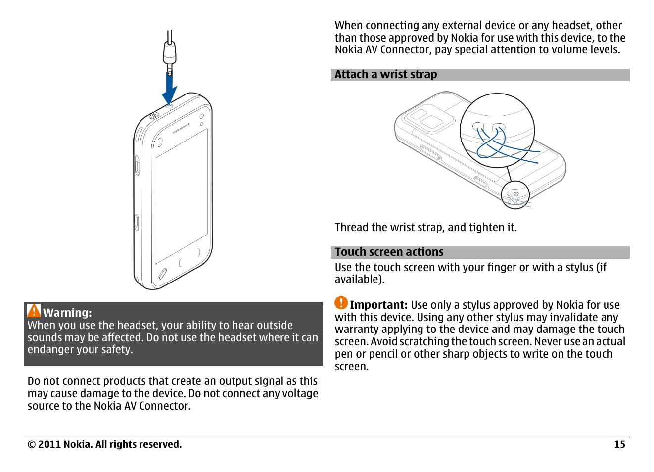 Attach a wrist strap, Touch screen actions | Nokia N97 User Manual | Page 15 / 130