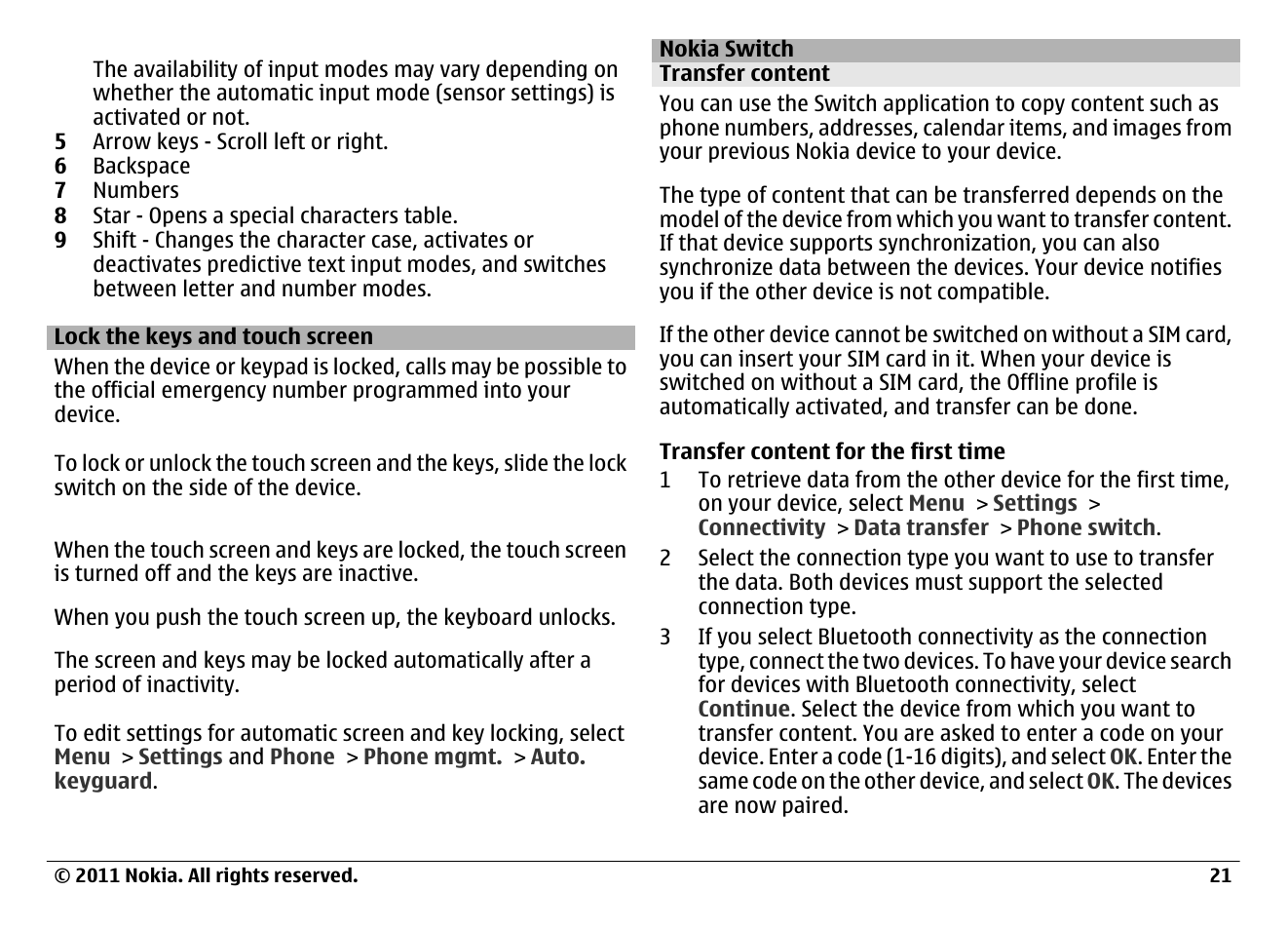 Lock the keys and touch screen, Nokia switch, Transfer content | Nokia N97 User Manual | Page 21 / 130