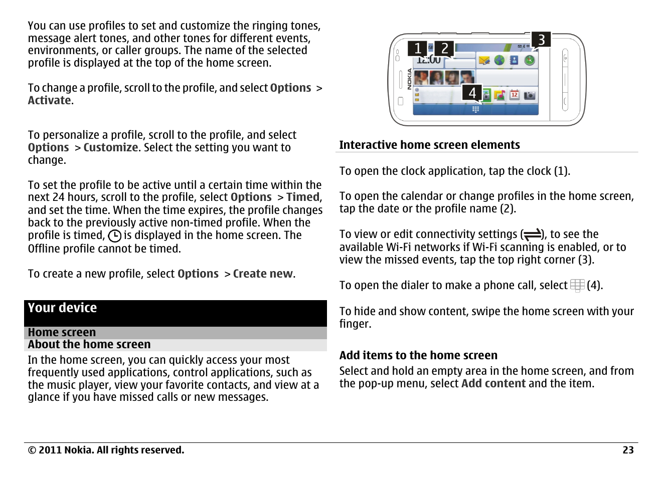 Your device, Home screen, About the home screen | Nokia N97 User Manual | Page 23 / 130