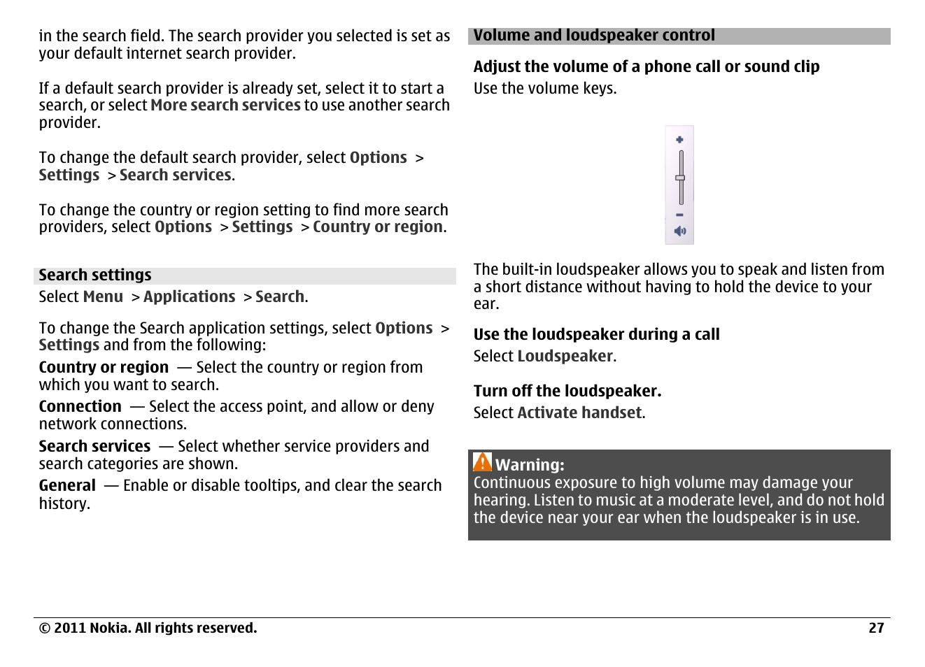 Search settings, Volume and loudspeaker control | Nokia N97 User Manual | Page 27 / 130