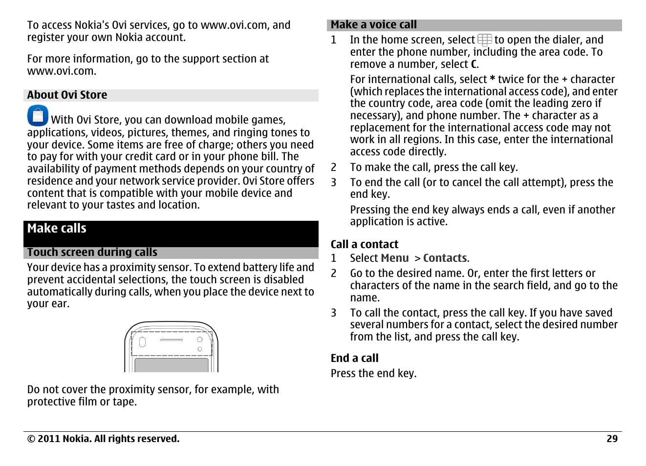 About ovi store, Make calls, Touch screen during calls | Make a voice call | Nokia N97 User Manual | Page 29 / 130