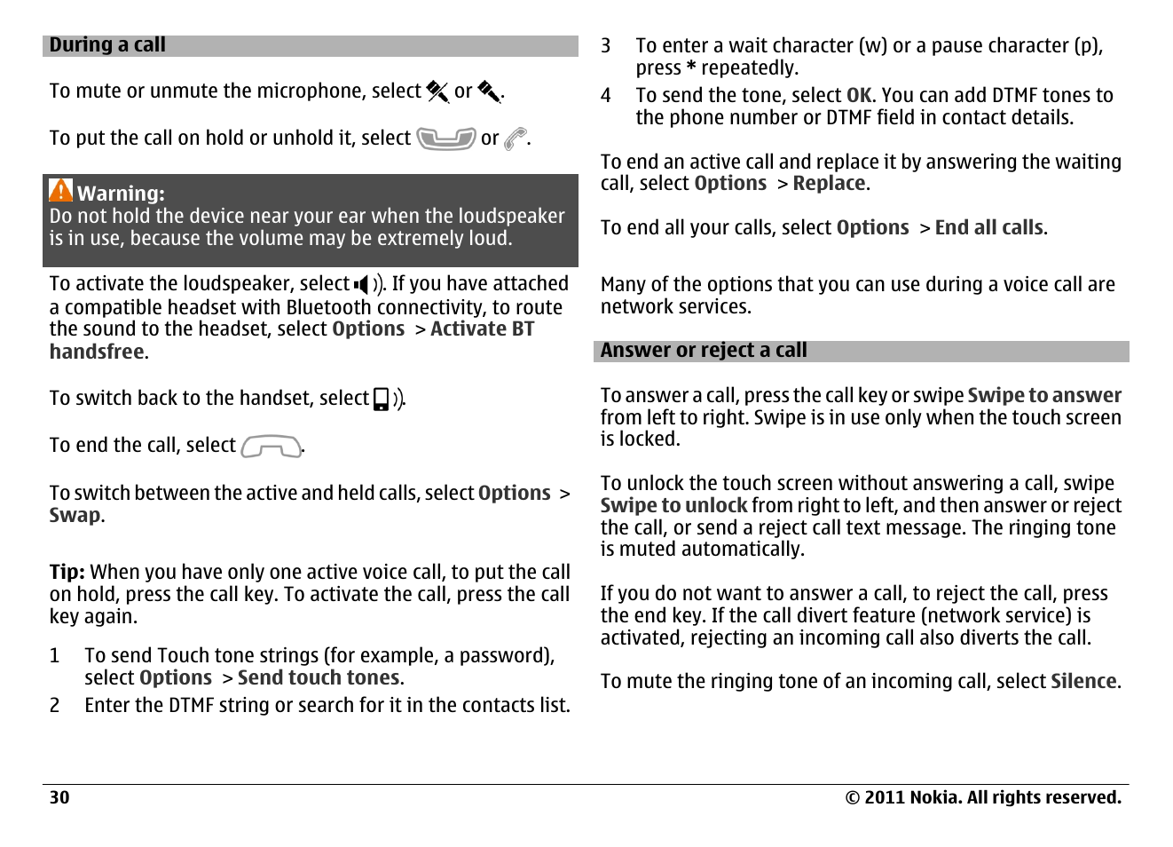 During a call, Answer or reject a call | Nokia N97 User Manual | Page 30 / 130