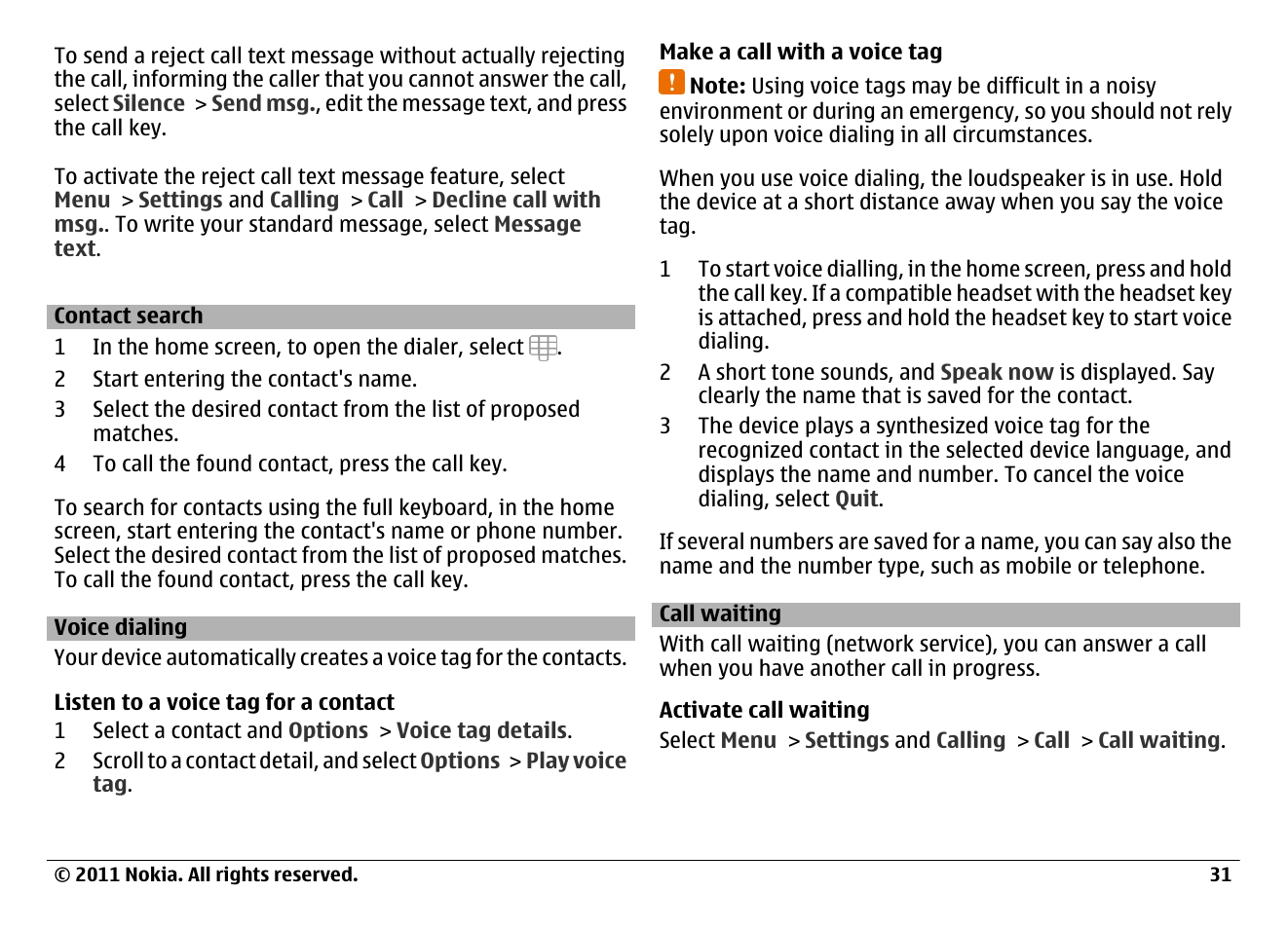 Contact search, Voice dialing, Call waiting | Nokia N97 User Manual | Page 31 / 130