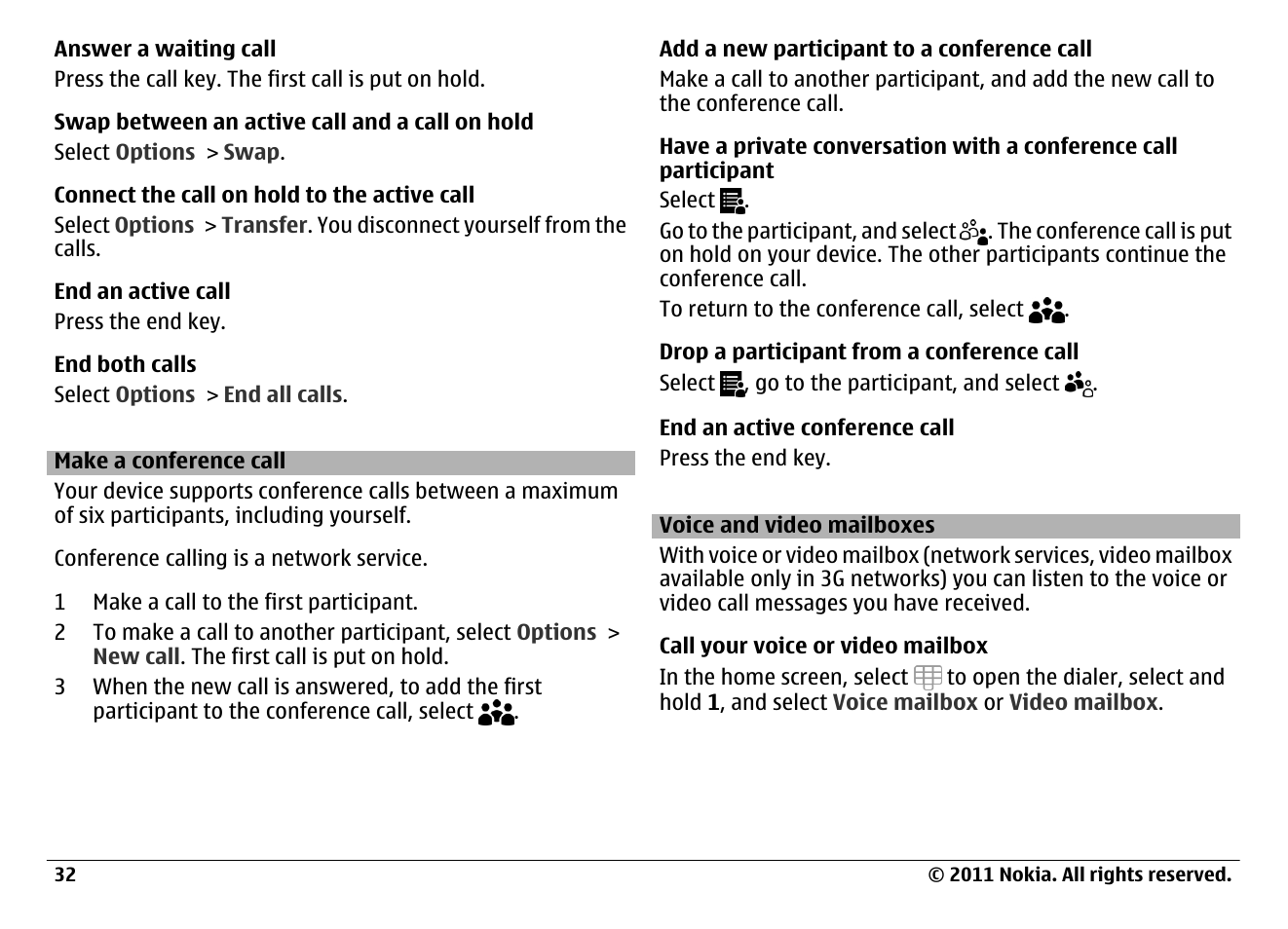 Make a conference call, Voice and video mailboxes | Nokia N97 User Manual | Page 32 / 130