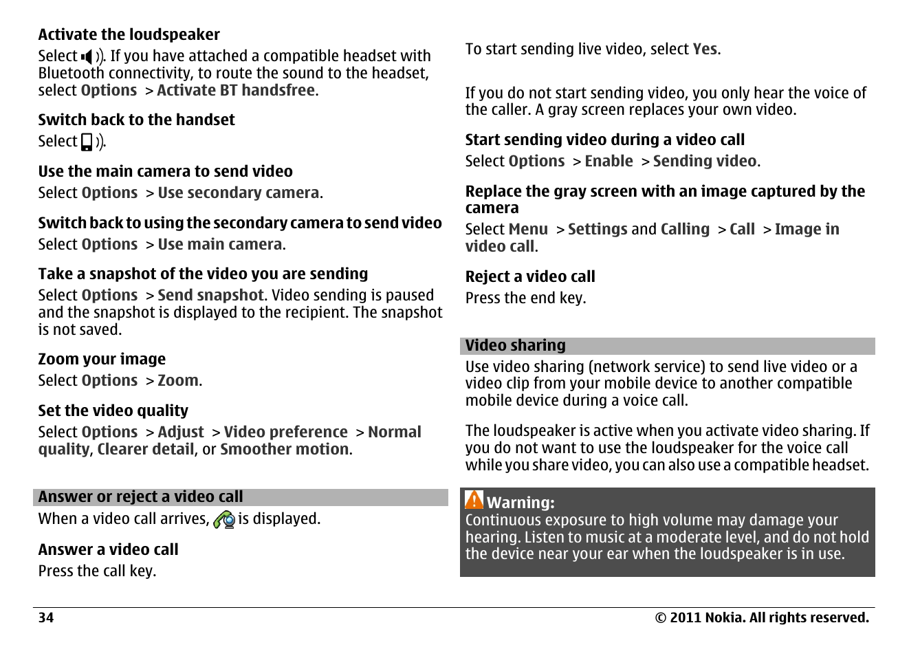 Answer or reject a video call, Video sharing | Nokia N97 User Manual | Page 34 / 130