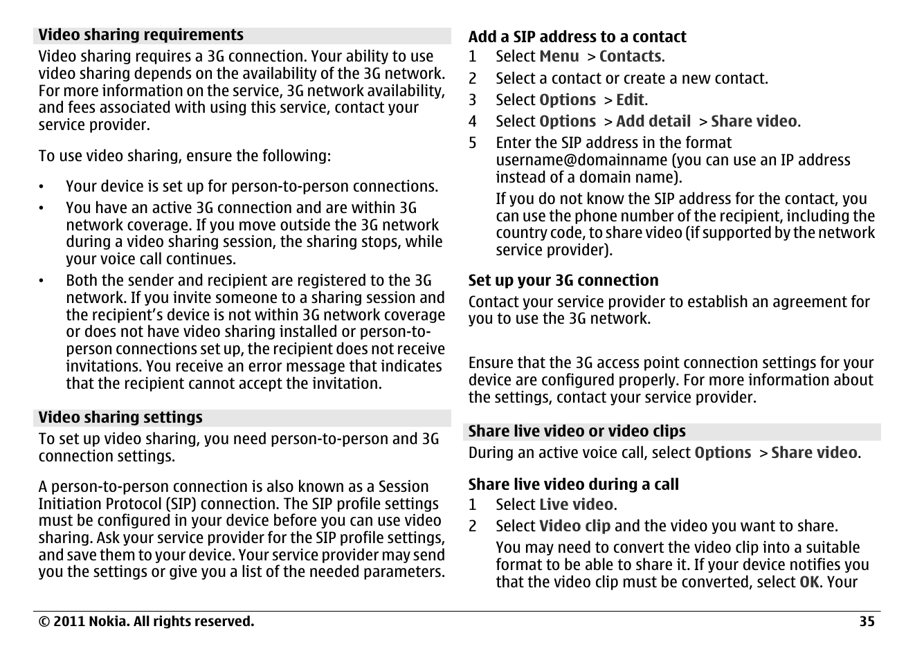 Video sharing requirements, Video sharing settings, Share live video or video clips | Nokia N97 User Manual | Page 35 / 130