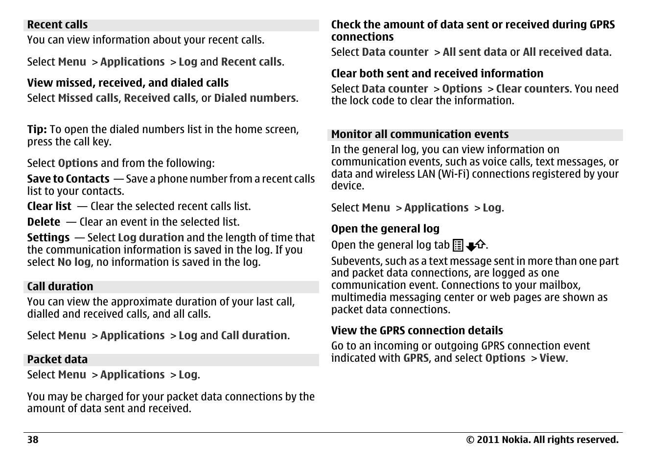 Recent calls, Call duration, Packet data | Monitor all communication events | Nokia N97 User Manual | Page 38 / 130