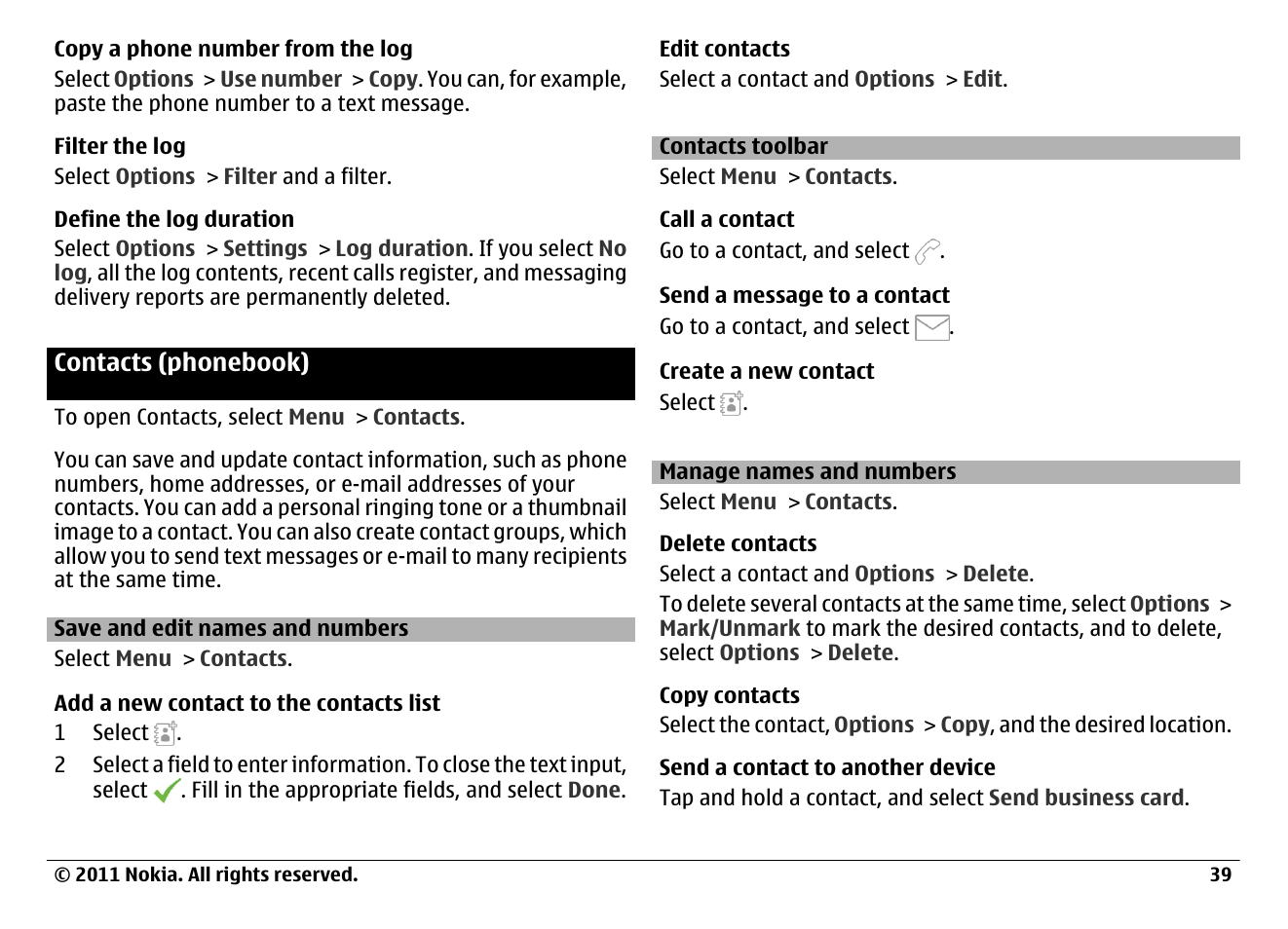 Contacts (phonebook), Save and edit names and numbers, Contacts toolbar | Manage names and numbers | Nokia N97 User Manual | Page 39 / 130