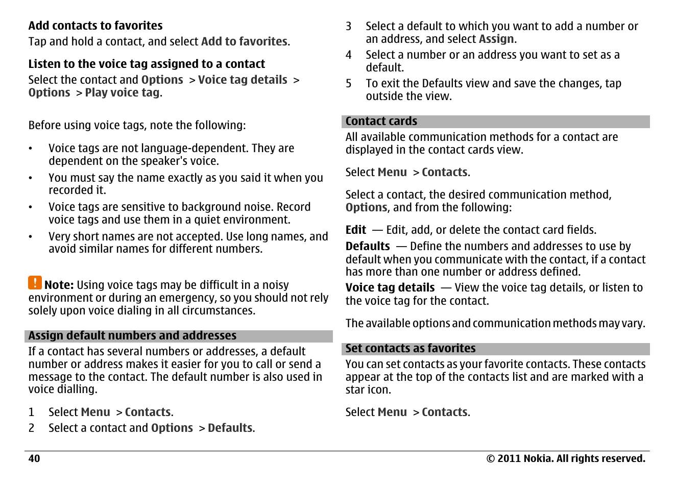 Assign default numbers and addresses, Contact cards, Set contacts as favorites | Nokia N97 User Manual | Page 40 / 130