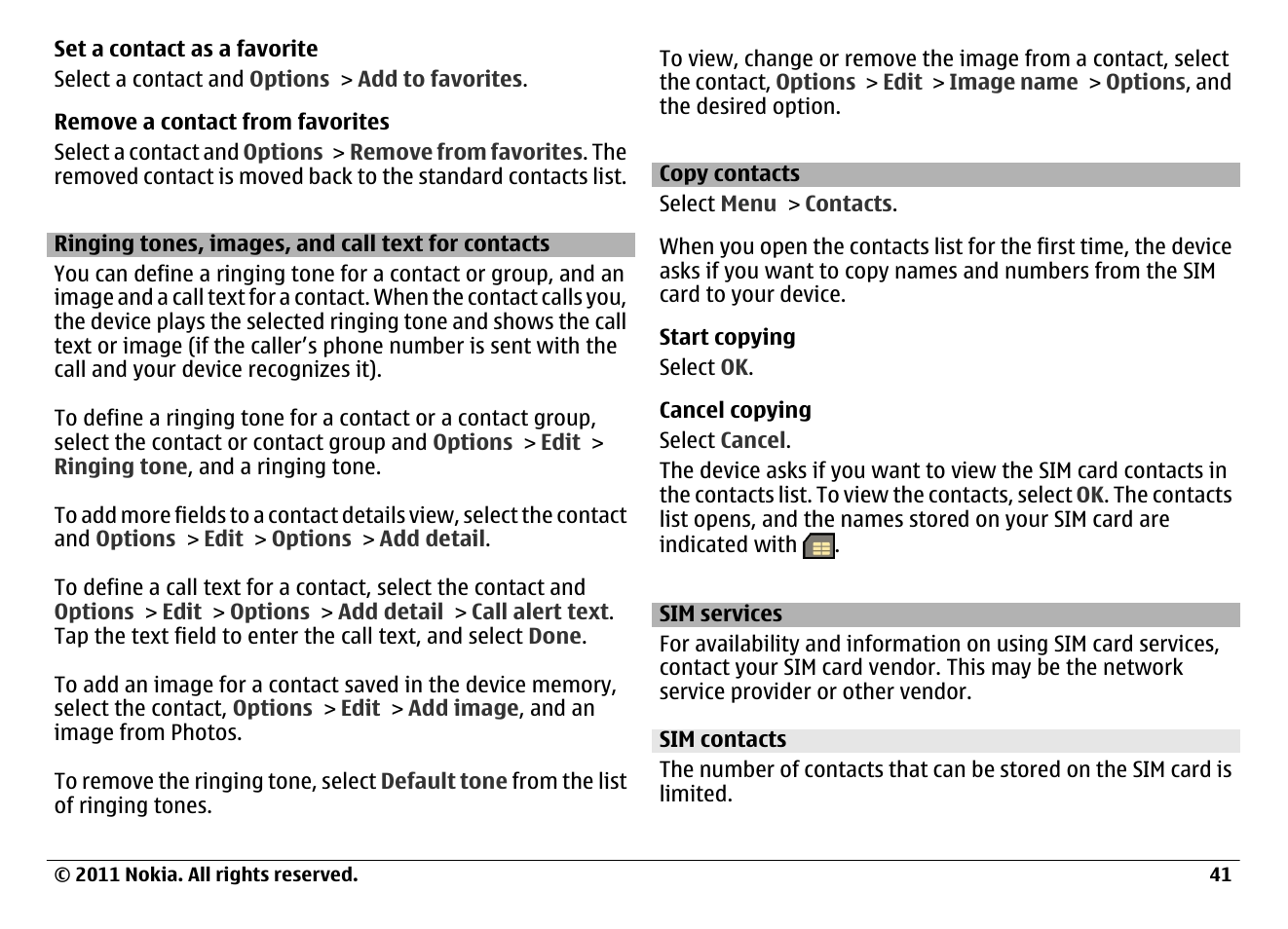 Ringing tones, images, and call text for contacts, Copy contacts, Sim services | Sim contacts | Nokia N97 User Manual | Page 41 / 130