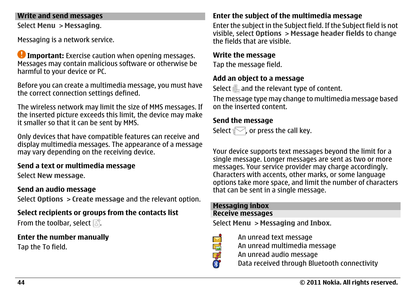 Write and send messages, Messaging inbox, Receive messages | Nokia N97 User Manual | Page 44 / 130