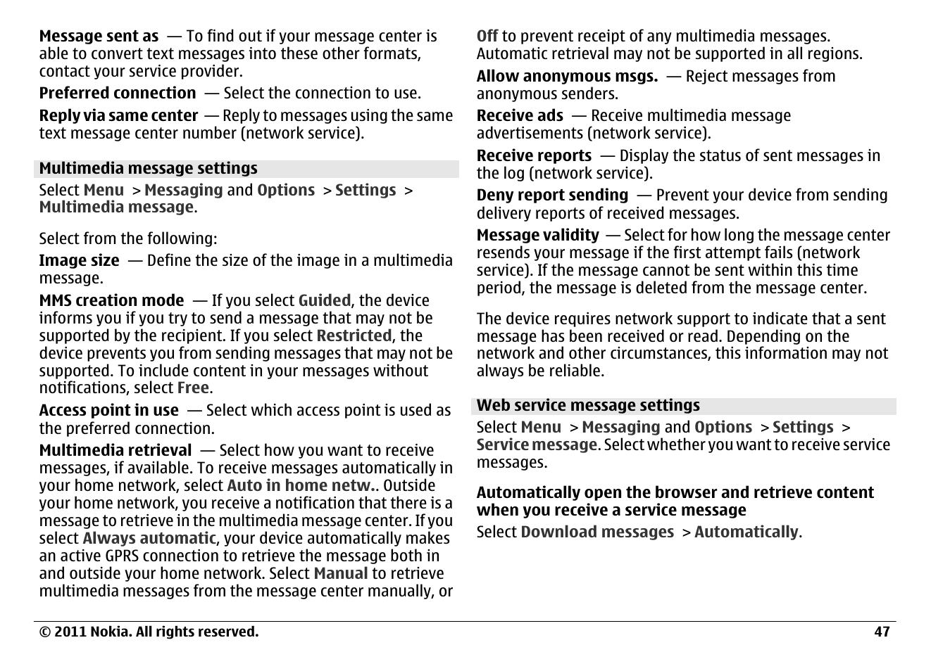 Multimedia message settings, Web service message settings | Nokia N97 User Manual | Page 47 / 130