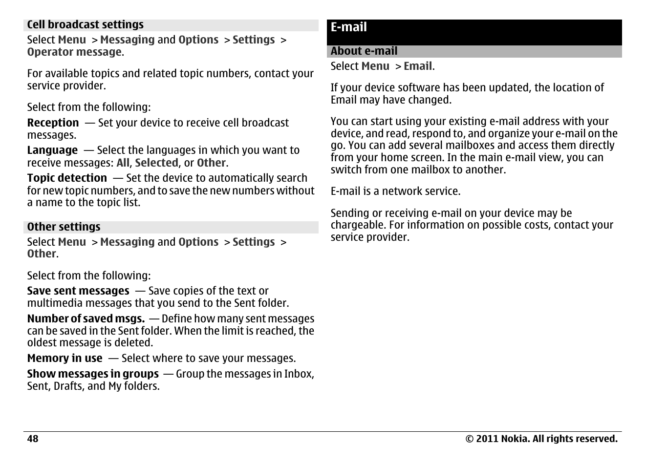 Cell broadcast settings, Other settings, E-mail | About e-mail | Nokia N97 User Manual | Page 48 / 130