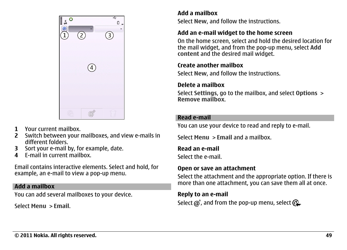 Add a mailbox, Read e-mail | Nokia N97 User Manual | Page 49 / 130