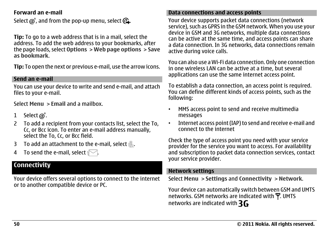 Send an e-mail, Connectivity, Data connections and access points | Network settings | Nokia N97 User Manual | Page 50 / 130