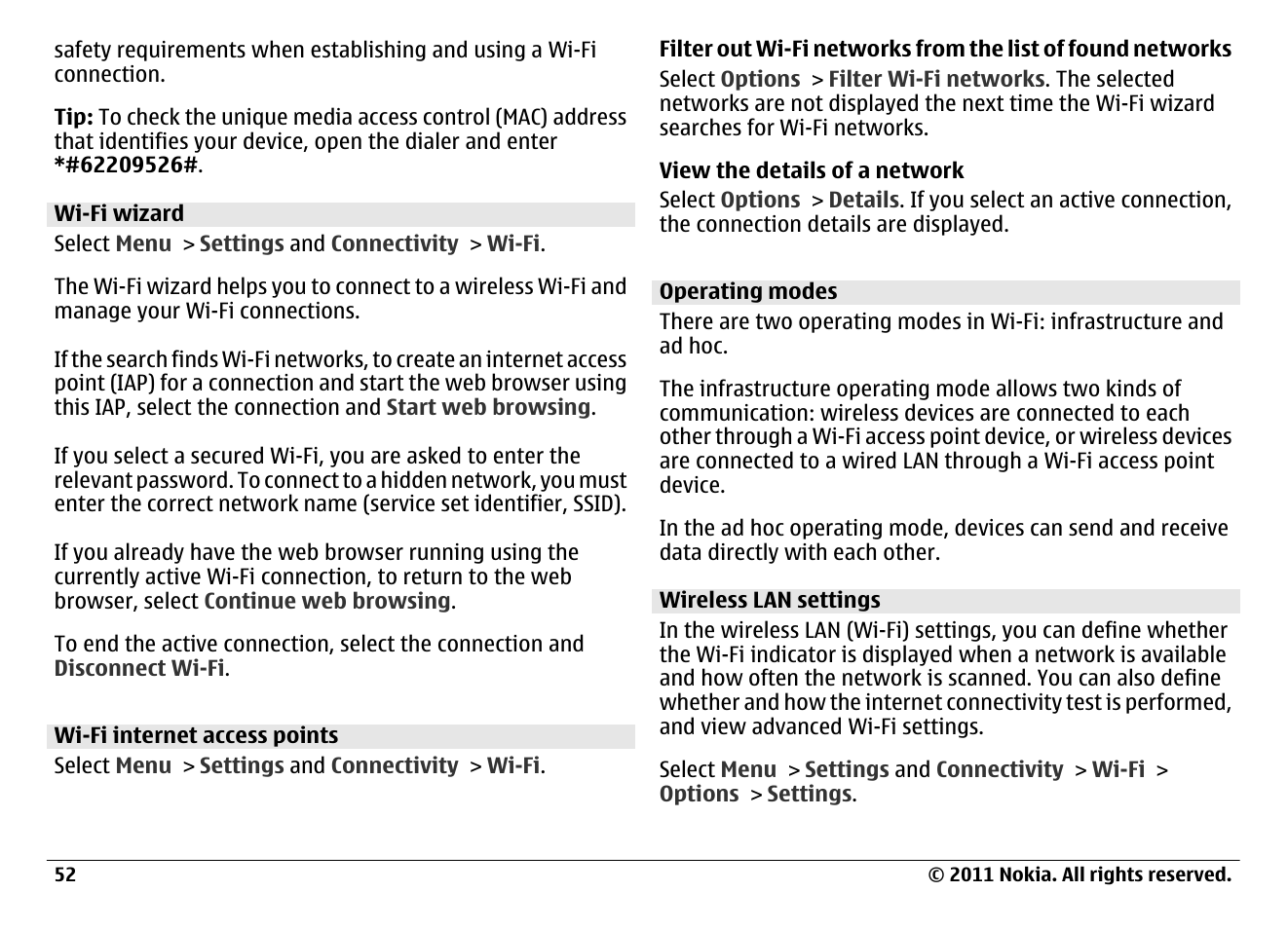 Wi-fi wizard, Wi-fi internet access points, Operating modes | Wireless lan settings | Nokia N97 User Manual | Page 52 / 130