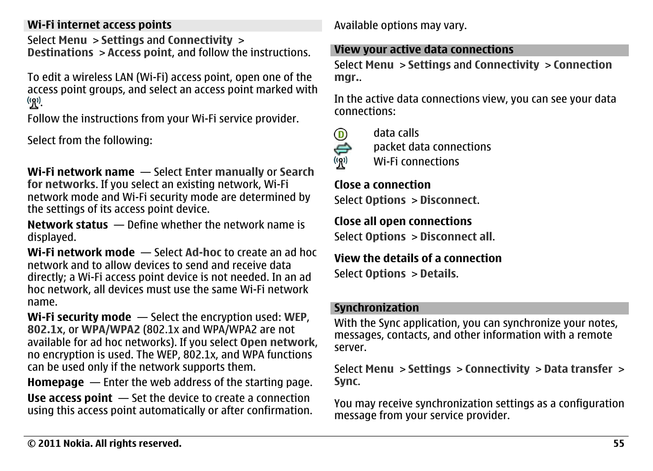 Wi-fi internet access points, View your active data connections, Synchronization | Nokia N97 User Manual | Page 55 / 130