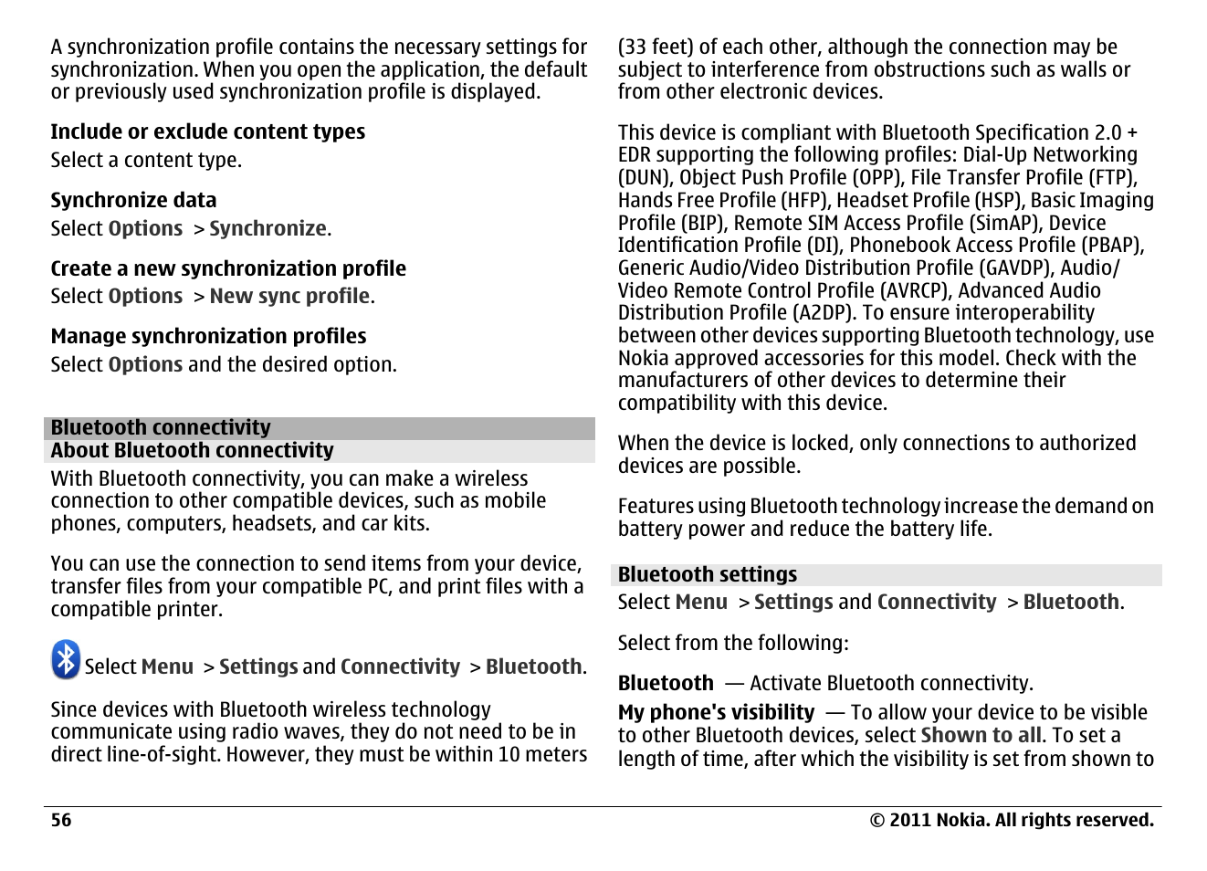 Bluetooth connectivity, About bluetooth connectivity, Bluetooth settings | Nokia N97 User Manual | Page 56 / 130