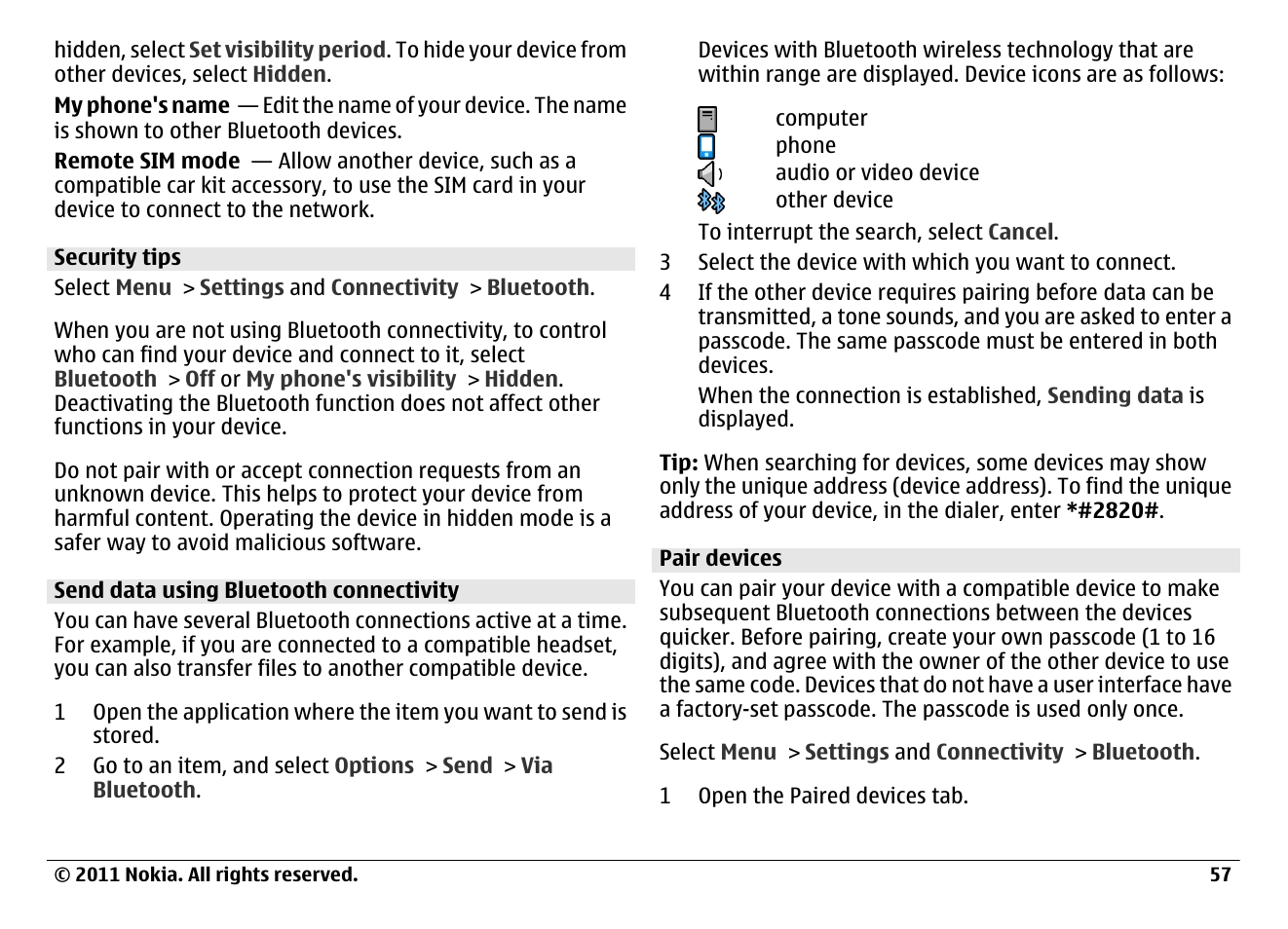 Security tips, Send data using bluetooth connectivity, Pair devices | Nokia N97 User Manual | Page 57 / 130