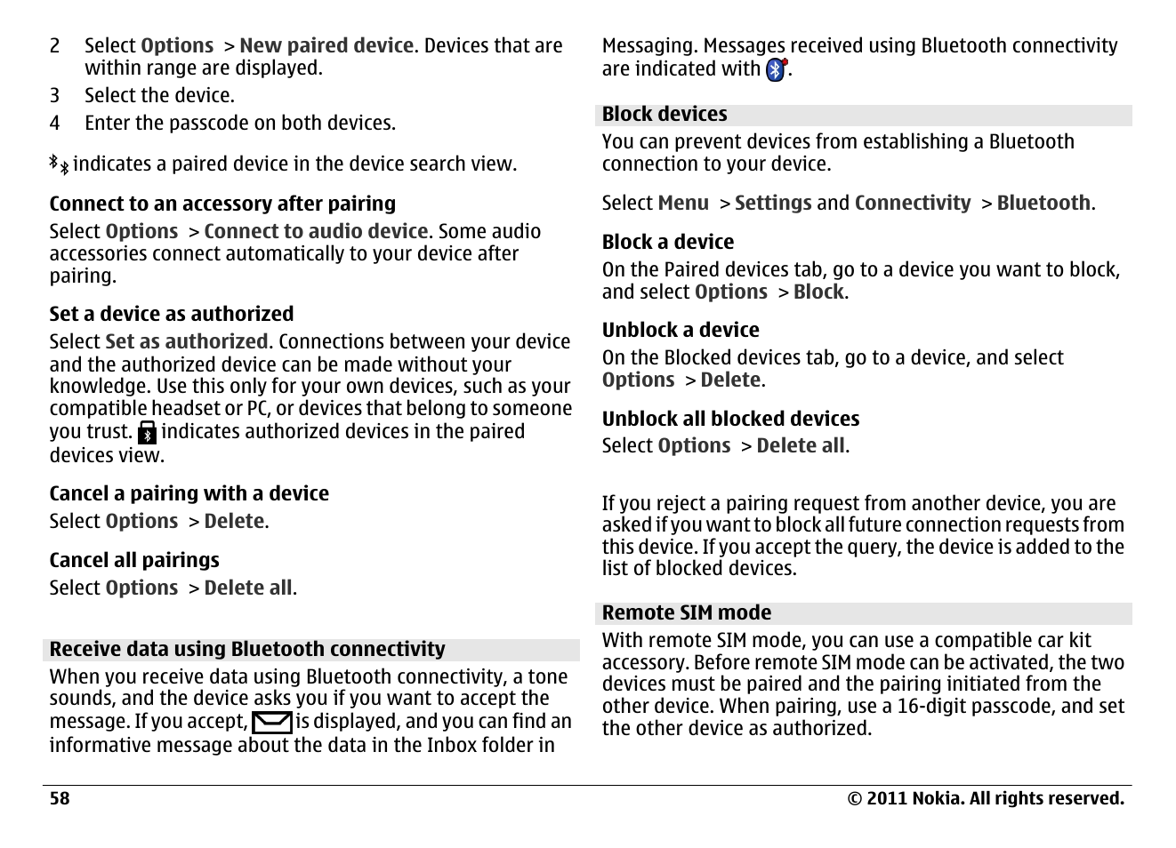 Receive data using bluetooth connectivity, Block devices, Remote sim mode | Nokia N97 User Manual | Page 58 / 130