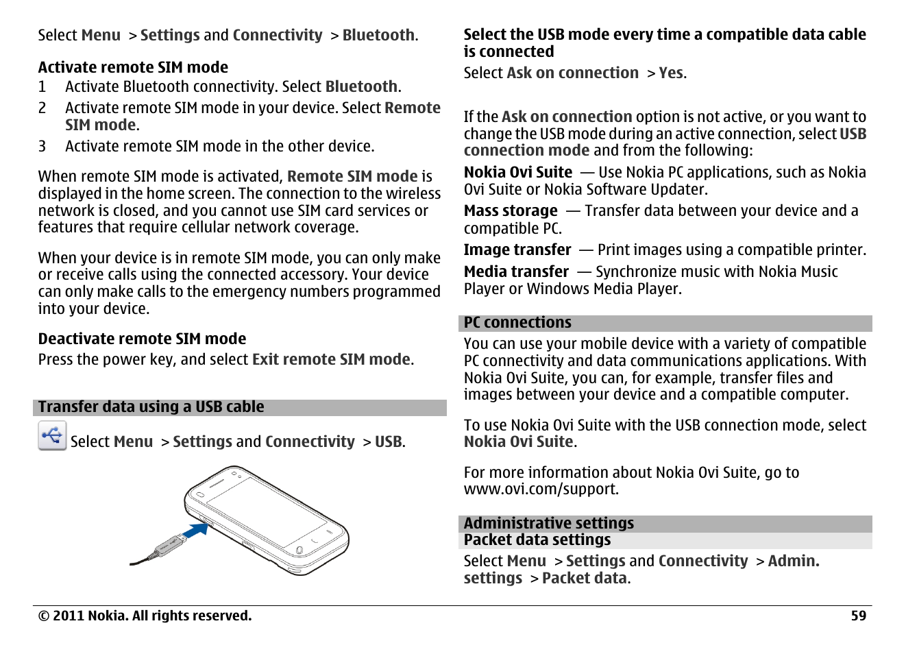 Transfer data using a usb cable, Pc connections, Administrative settings | Packet data settings | Nokia N97 User Manual | Page 59 / 130