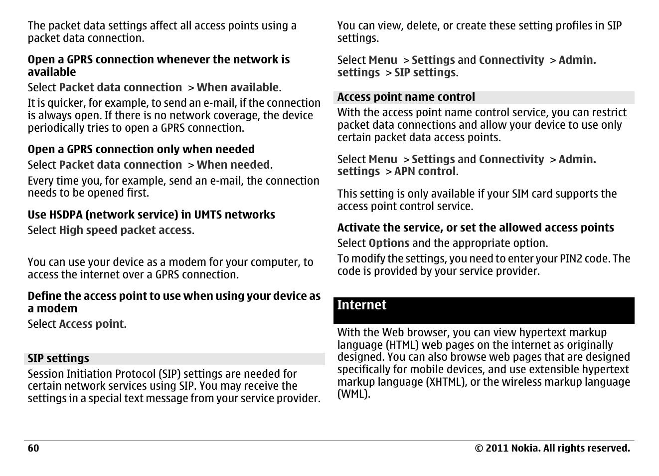 Sip settings, Access point name control, Internet | Nokia N97 User Manual | Page 60 / 130