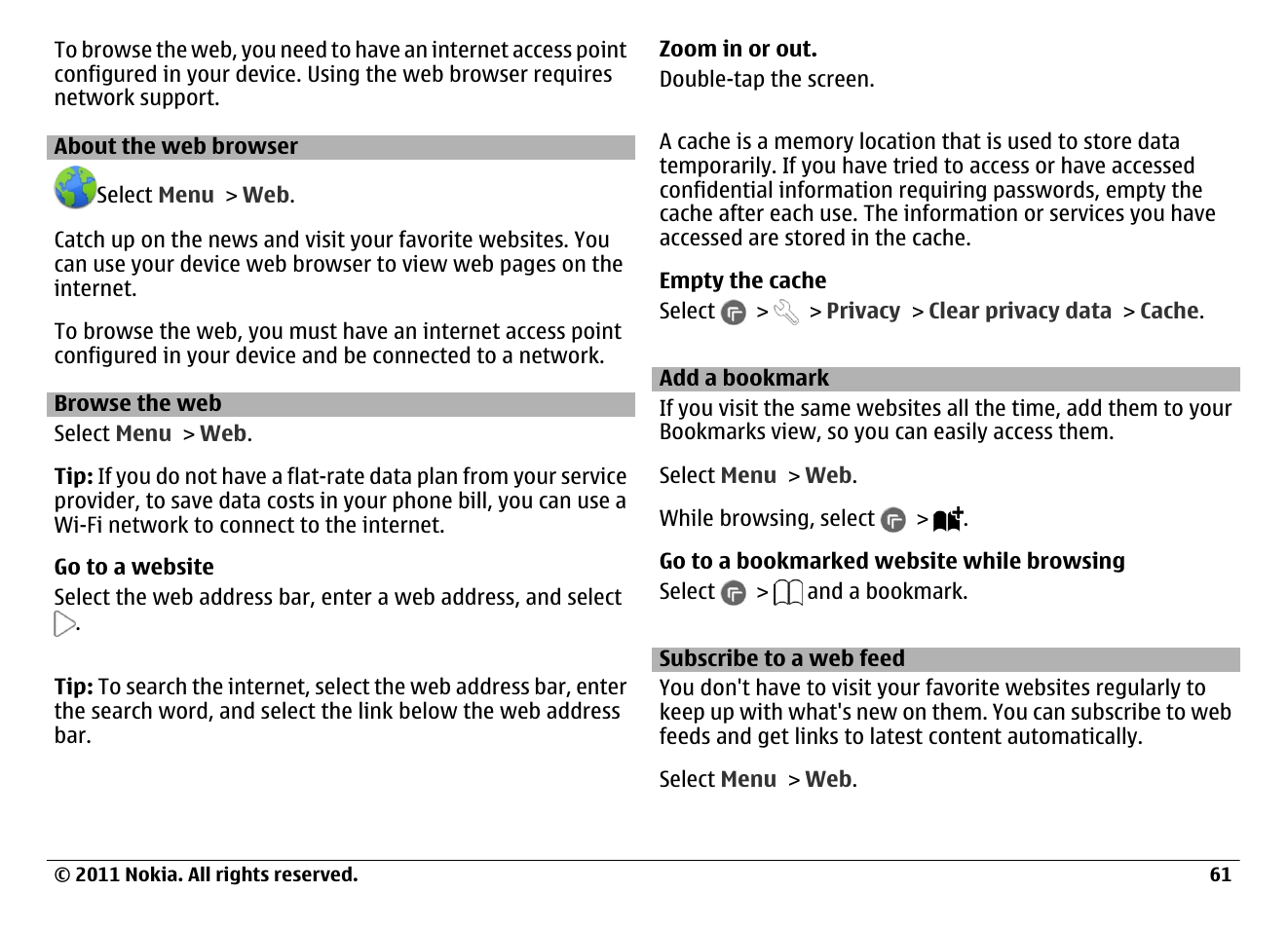 About the web browser, Browse the web, Add a bookmark | Subscribe to a web feed | Nokia N97 User Manual | Page 61 / 130