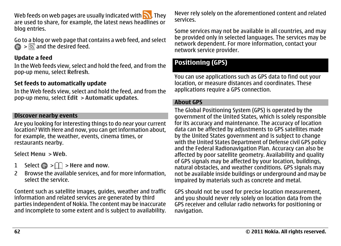 Discover nearby events, Positioning (gps), About gps | Nokia N97 User Manual | Page 62 / 130