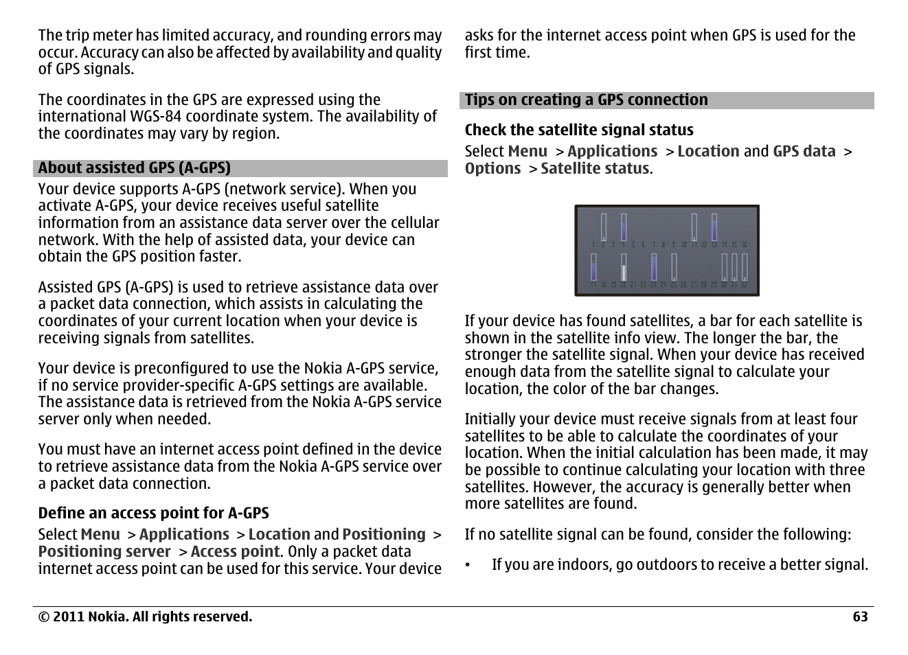 About assisted gps (a-gps), Tips on creating a gps connection | Nokia N97 User Manual | Page 63 / 130