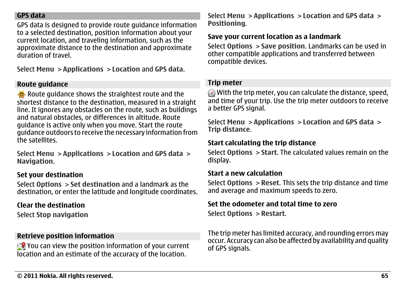 Gps data, Route guidance, Retrieve position information | Trip meter | Nokia N97 User Manual | Page 65 / 130