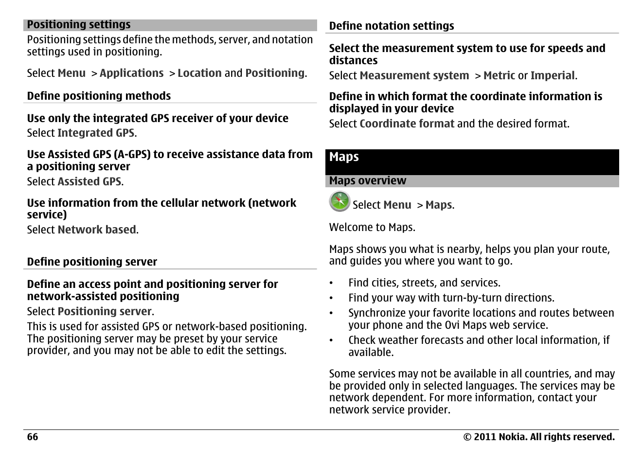 Positioning settings, Maps, Maps overview | Nokia N97 User Manual | Page 66 / 130