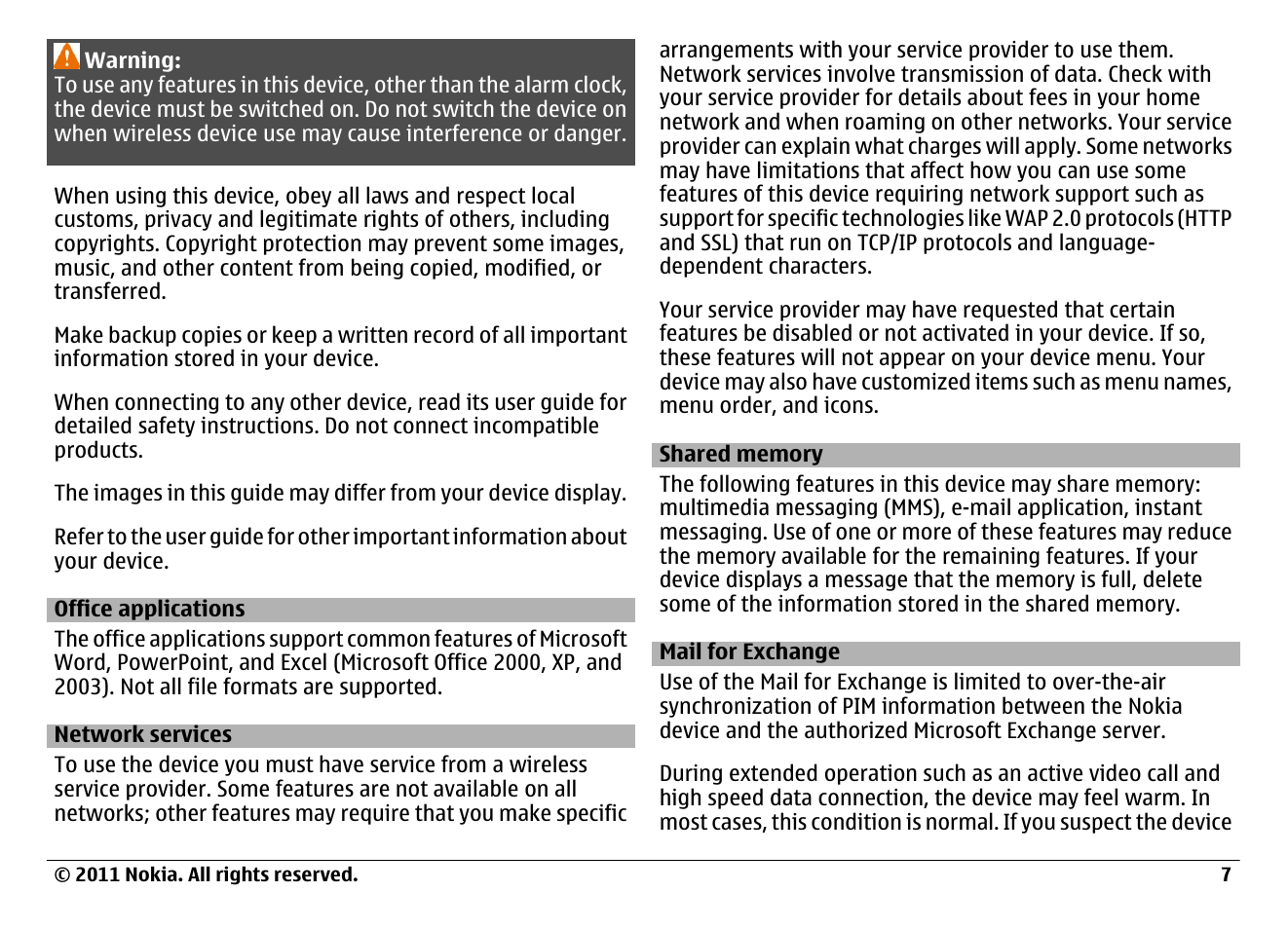 Office applications, Network services, Shared memory | Mail for exchange | Nokia N97 User Manual | Page 7 / 130