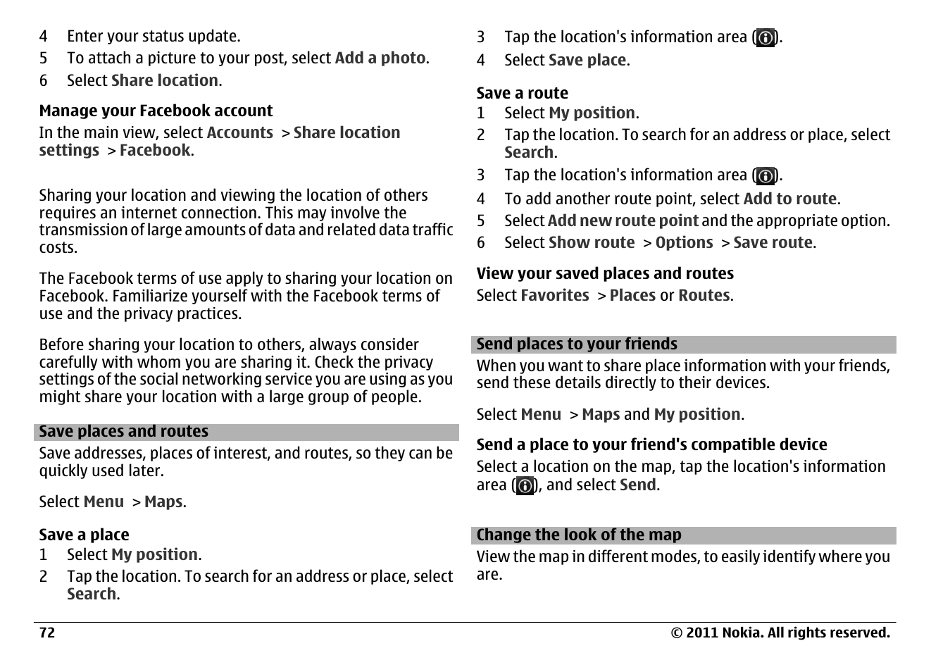 Save places and routes, Send places to your friends, Change the look of the map | Nokia N97 User Manual | Page 72 / 130