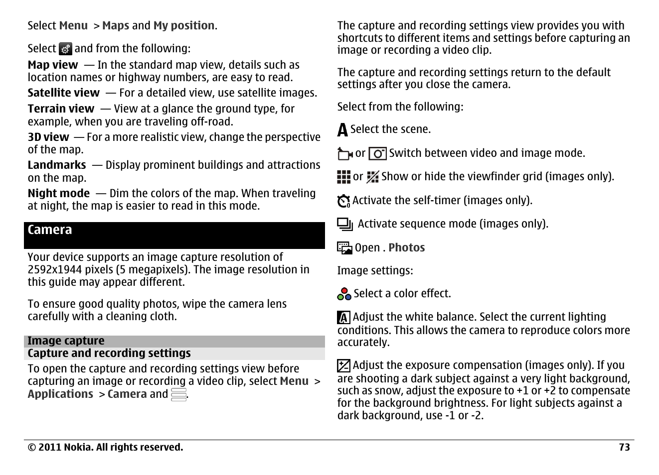 Camera, Image capture, Capture and recording settings | Nokia N97 User Manual | Page 73 / 130